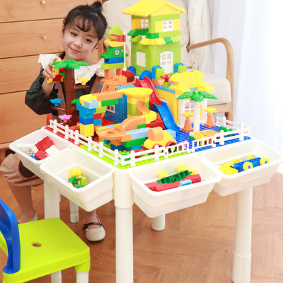 Hot sale wholesale kids kindergarten children plastic bricks DIY playing educational toy building block table and chair set 